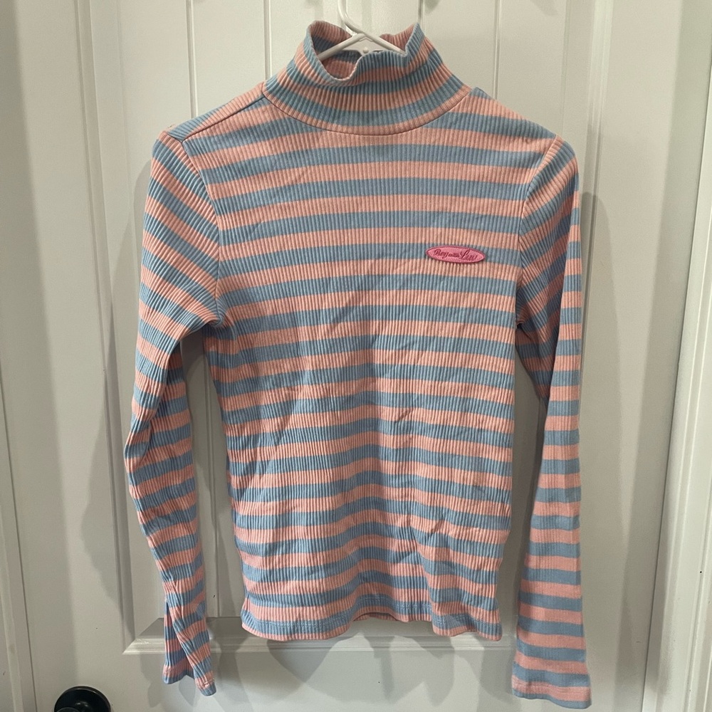 BTS KPop Boy with Luv Mockneck Cotton Candy Stripe Ribbed Long Sleeve Top M